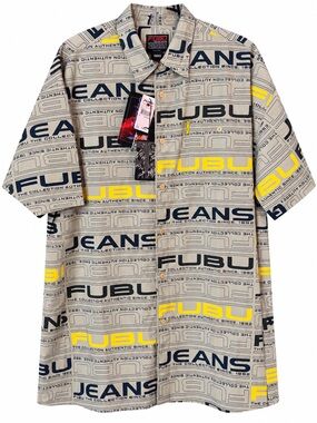 FUBU XXXL Allover Logo Print Short Sleeve Button-Up Shirt Beige Navy Yellow